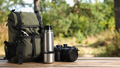 Camera and backpack arranged for outdoor enthusiasts with copy space for text ideal for camping hygiene kits