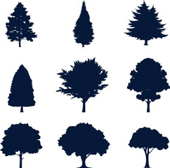 Silhouette tree vector set with various shapes and sizes, great for natural design and background use.