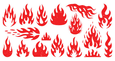 Collection of Red Fire Flames and Hot Rod Design Elements Vector Set with Grunge Texture