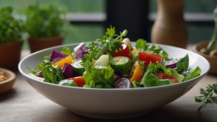 A vibrant salad in a white bowl featuring fresh vegetables and herbs on a wooden surface indoors