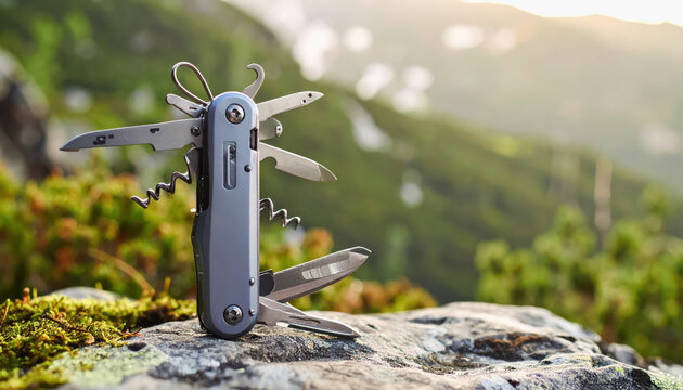 Versatile multi-tool positioned on a rock highlighting essential gear for camping and outdoor adventures in nature
