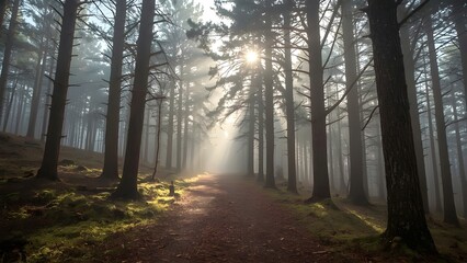 Fototapeta premium Misty morning light filters through autumn trees on a winding forest path, creating a serene woodland landscape