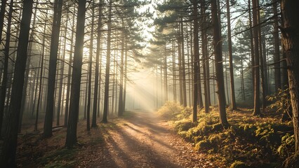 Obraz premium A tranquil path winds through the misty green forest, bathed in soft morning light