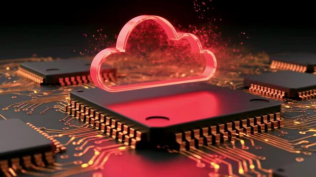 Abstract digital representation of cloud computing with red cloud over circuit board, symbolizing technology