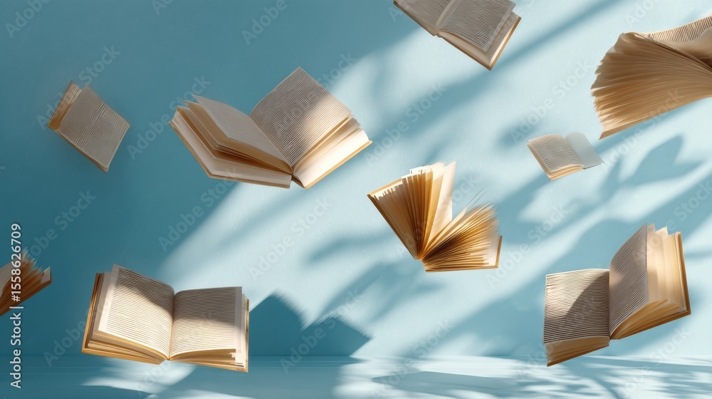 Aufkleber Floating Open Books in a Serene Library Setting With Soft Light and Shadows Creating a Peaceful Ambiance for Reading and Learning