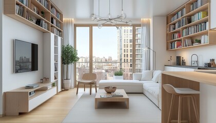 Fototapeta premium Spacious Scandinavian Style Apartment Featuring Natural Light, Cozy Corner Sofa, and Bookshelves