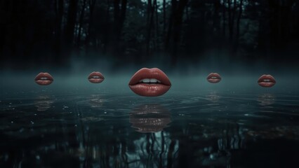 Floating lips. Lip mask Faceless youtube channel Deepware Peel off tattoo Ai nft Deepfake video maker Artlist Dupdub Liquid death Murf Red lipstick. Foggy forest. Night scene. Dark water. Surreal art