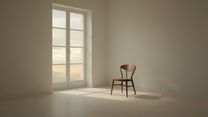 Sunlight Through Curtains. Empty brown wooden chair lit by natural win
