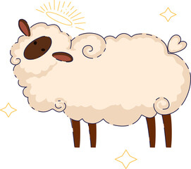 A charming illustration of a cute cartoon sheep with a halo and sparkling features for all ages