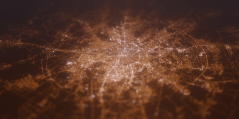 Street lights map of Bucharest (Romania) with tilt-shift effect, view from east. Imitation of macro shot with blurred background. 3d render, selective focus