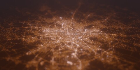 Street lights map of Bucharest (Romania) with tilt-shift effect, view from north. Imitation of macro shot with blurred background. 3d render, selective focus