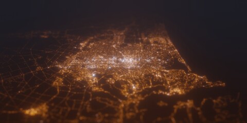 Street lights map of Christchurch (New Zealand) with tilt-shift effect, view from south. Imitation of macro shot with blurred background. 3d render, selective focus