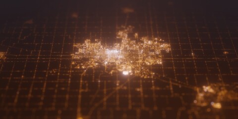 Street lights map of Champaign (Illinois, USA) with tilt-shift effect, view from north. Imitation of macro shot with blurred background. 3d render, selective focus