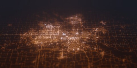 Street lights map of Des Moines (Iowa, USA) with tilt-shift effect, view from south. Imitation of macro shot with blurred background. 3d render, selective focus