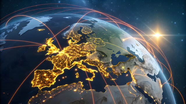Global network connections across europe at night with starry sky.