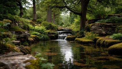 Naklejka premium Serene Forest Stream with Gentle Waterfalls Flowing Over Rocks Surrounded by Lush Greenery and Tranquil Reflections in a Peaceful Natural Setting