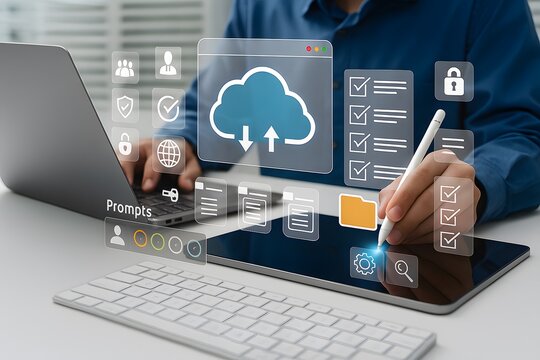 Person using stylus on tablet with cloud data transfer and checklist interface laptop keyboard - Powered by Adobe