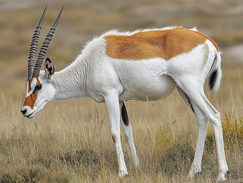 A white and reddish-brown antelope grazing in a field