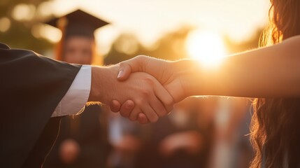 Graduation ceremony highlights handshake between graduates at sunset during a joyful celebration moment