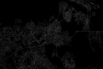 Stylized map of the streets of Manama (Bahrain) made with white lines on black background. Top view. 3d render, illustration
