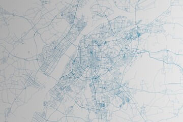 Map of the streets of Nanjing (China) made with blue lines on white paper. 3d render, illustration