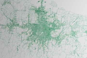 Map of the streets of Medan (Indonesia) made with green lines on white paper. 3d render, illustration