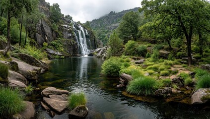 Obraz premium Serene Waterfall Surrounded by Lush Greenery in a Remote Nature Landscape with Calm Reflections on a Still Pool Under a Cloudy Sky