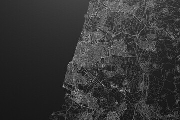 Street map of Tel Aviv (Israel) on black paper with light coming from top