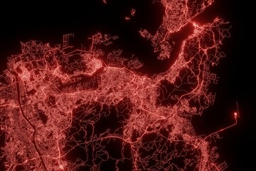 Street map of Kitakyushu (Japan) made with red illumination and glow effect. Top view on roads network. 3d render, illustration
