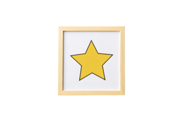 Yellow five-pointed star illustration in simple wooden picture frame with clean white matting background, isolated on a transparent background
