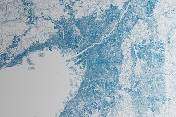 Map of the streets of Osaka (Japan) made with blue lines on white paper. 3d render, illustration