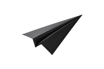Dark gray paper airplane with sleek design and crisp fold lines pointing forward, isolated on a transparent background