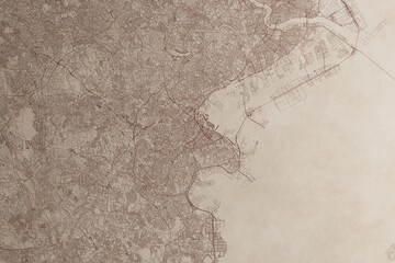 Map of Yokohama (Japan) on an old vintage sheet of paper. Retro style grunge paper with light coming from right. 3d render