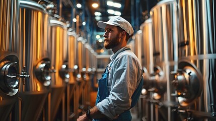 Brewery worker inspecting craft beer in fermentation tanks
