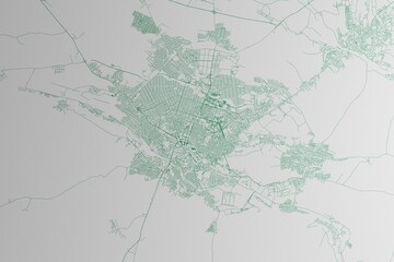 Map of the streets of Shymkent (Kazakhstan) made with green lines on white paper. 3d render, illustration