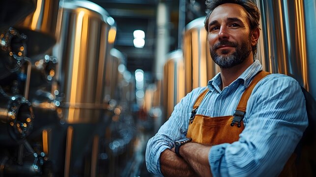 A brewery worker inspecting craft beer in a fermentation tank facility