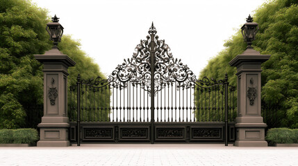 Wrought iron gate entrance, classical stone pillars and decorative baroque metal, lush green trees, luxury estate property architectural design.
