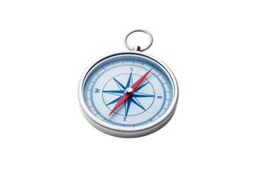 Silver compass with red needle, navigation instrument, directional tool, magnetic compass, travel equipment, isolated on a transparent background
