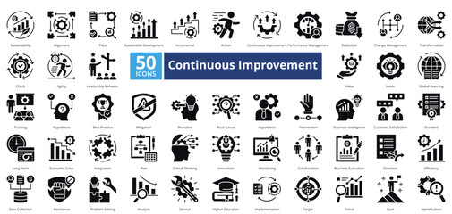 Continuous Improvement icon set contains 50 icons including, resistance, analysis, service, target, trend, goal, identification, simple vector glyph style.