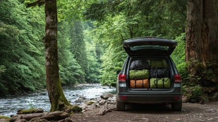 High-quality photo of adventurous Road Trip, SUV Trunk Packed with Bags in Lush Green Forest by River.