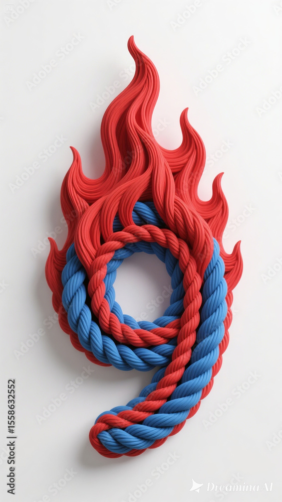 Fototapete realistic 3d rope art flame in red and blue form the number 9. modern clean and freedom vibe. white 