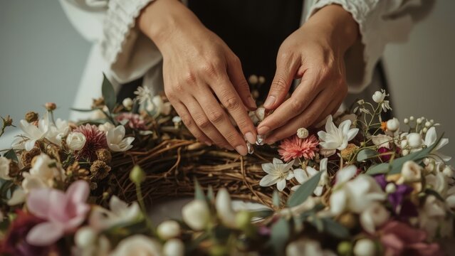 Hands crafting. Perfumer women-owned Hosting core Sustainable beauty Perfume dupe Grow therapy Floraly The Citizenry Asmr skincare Floral wreath. Creative hobby. Natural materials. Spring decoration.