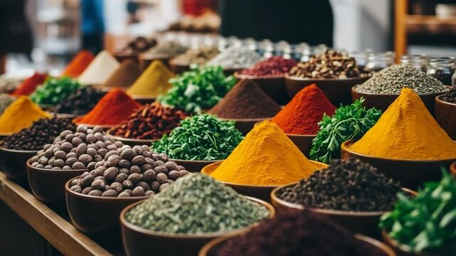 Colorful spices and herbs in bowls on wooden table. Aromatic spice collection includes turmeric, paprika, chili powder, and various herbs. Vibrant spice market stall showcasing diverse flavors 