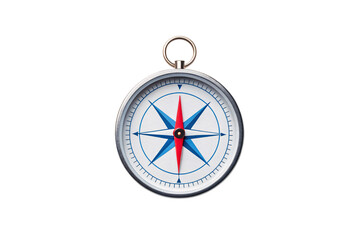 Classic silver compass with blue and red directional needle showing navigation tool, isolated on a transparent background