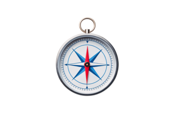 Classic silver compass with blue and red directional needle showing navigation tool, isolated on a transparent background
