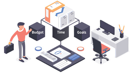 Fototapeta premium Isometric business scene showing a man with briefcase budget time goals office desk and documents layout