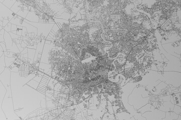 Map of the streets of Ho Chi Minh (Vietnam) made with black lines on grey paper. Top view. 3d render, illustration