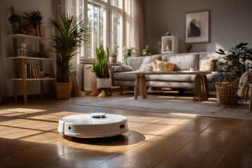 Smart robot vacuum cleaning carpet in cozy living room with plants