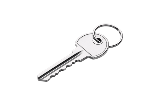 Silver house key with keyring attached featuring serrated edge and standard residential lock design, isolated on a transparent background