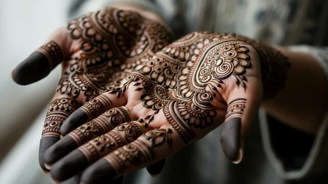 Intricate henna hand designs showcasing traditional patterns. Henna body art is applied to hands with detailed floral and paisley motifs. Henna art image is perfect for wedding invitations or video